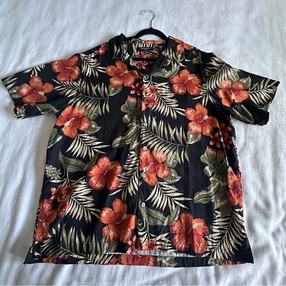 Vintage Brandini Silk Mens Hawaiian Button Up Shirt Size XL Floral Tropical Luau